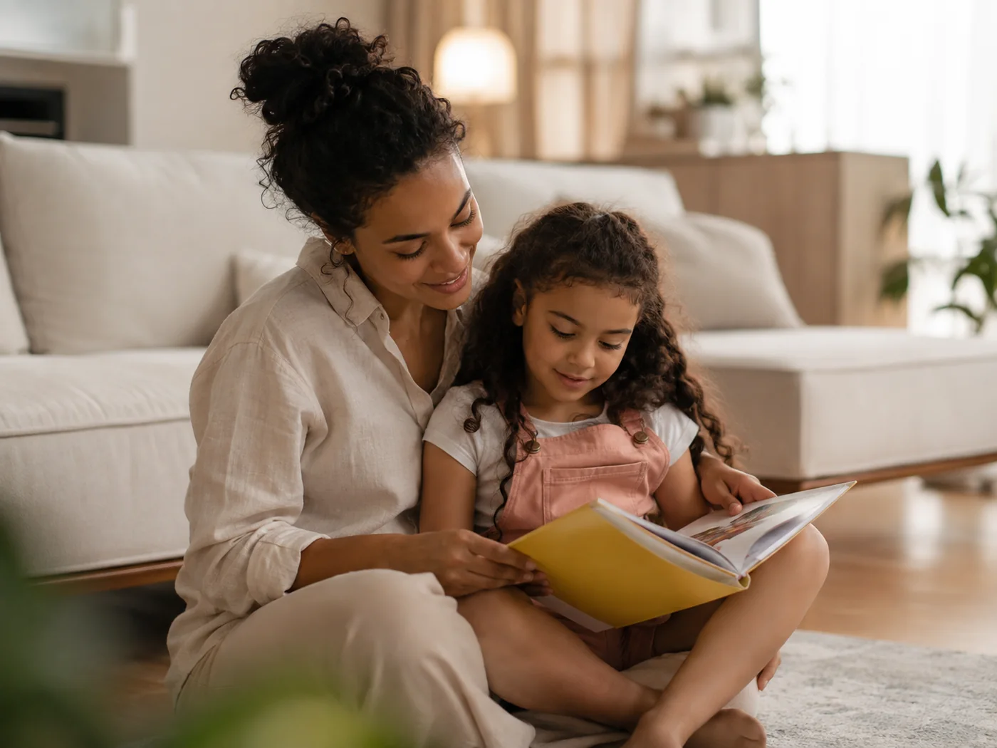 Responsável e criança compartilhando um momento de leitura e conexão em casa