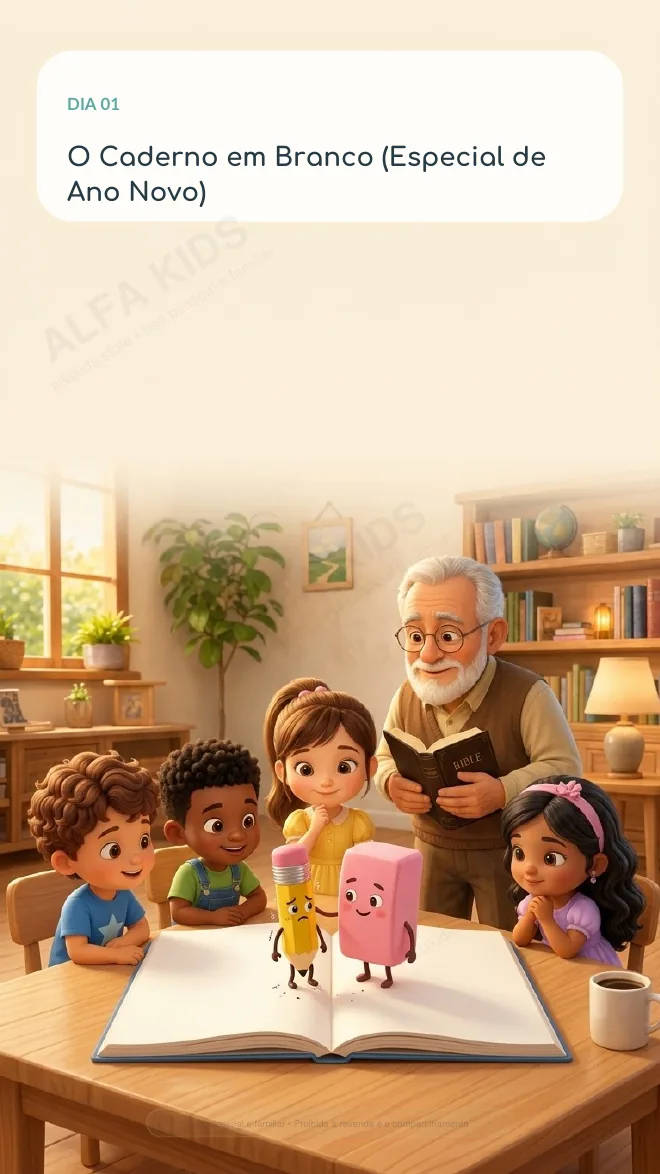 Página real do Book Alfa Kids com abertura ilustrada do Dia 1