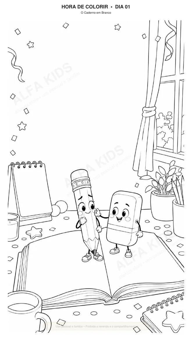 Página real do Book Alfa Kids com atividade para colorir do Dia 1