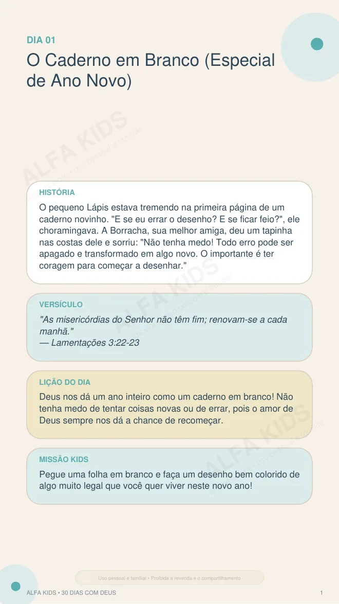 Página real do Book Alfa Kids com história, versículo, lição e Missão Kids