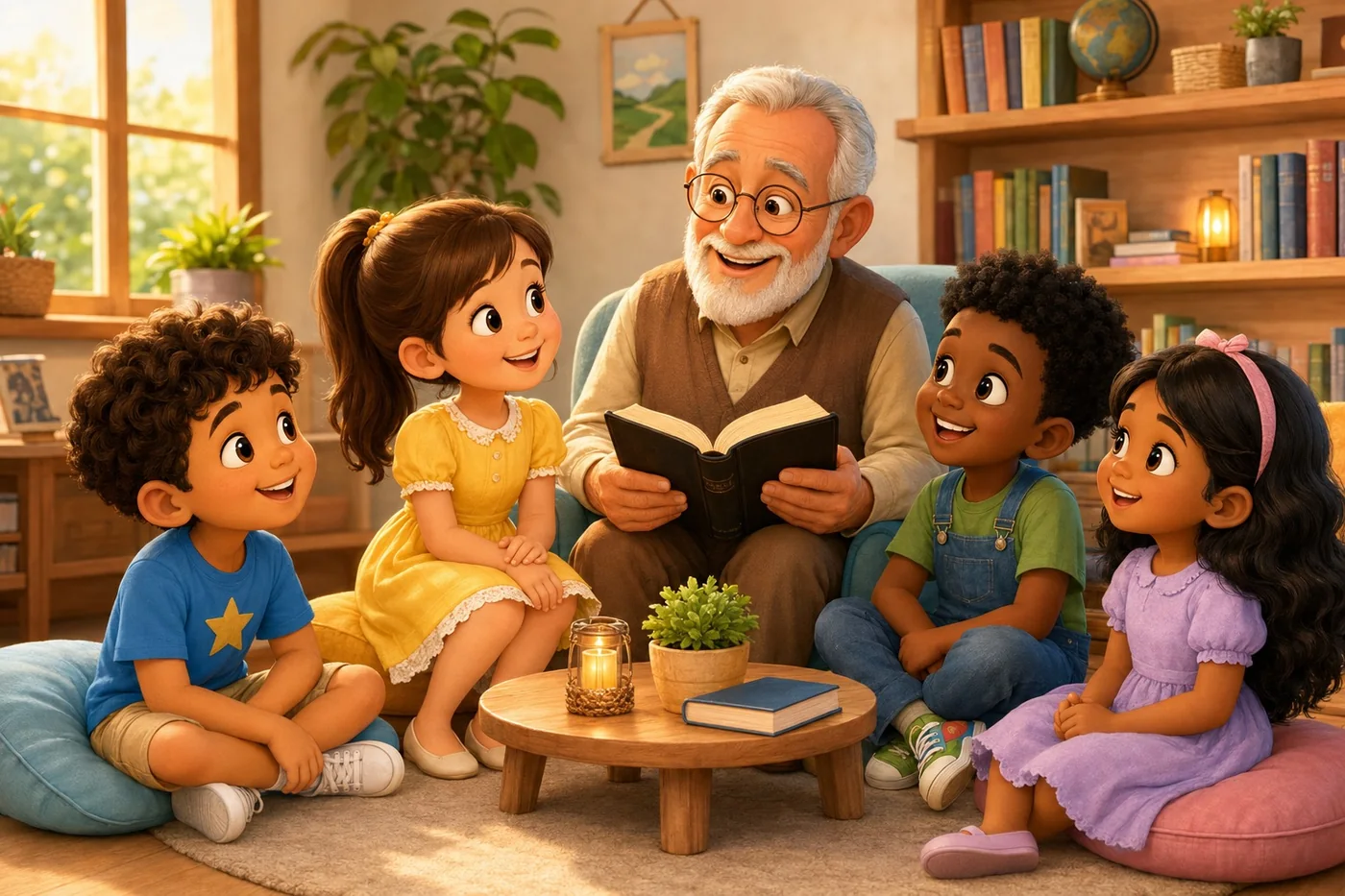 Los personajes de Alfa Kids compartiendo un momento bíblico en familia